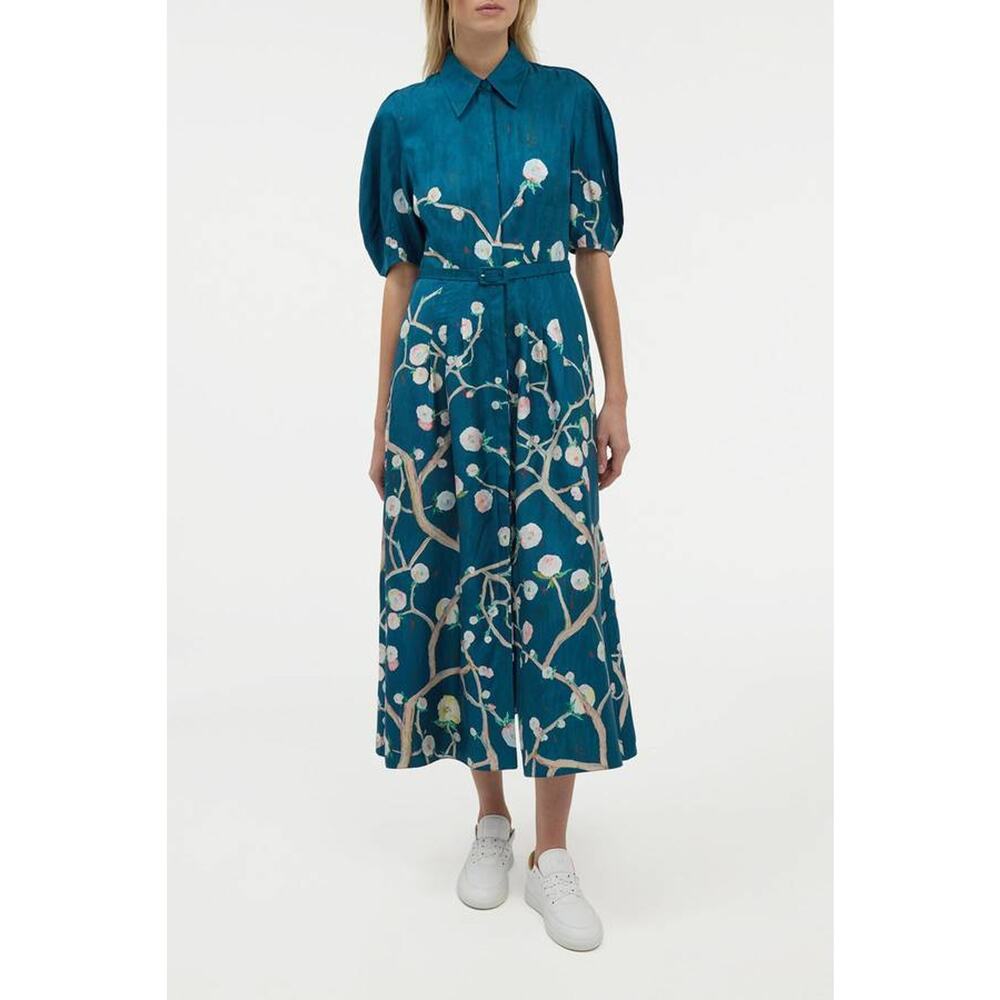 Gabriela Hearst Maude Belted Silk Midi Shirt Dress in Blue Multi IT 40 US 4